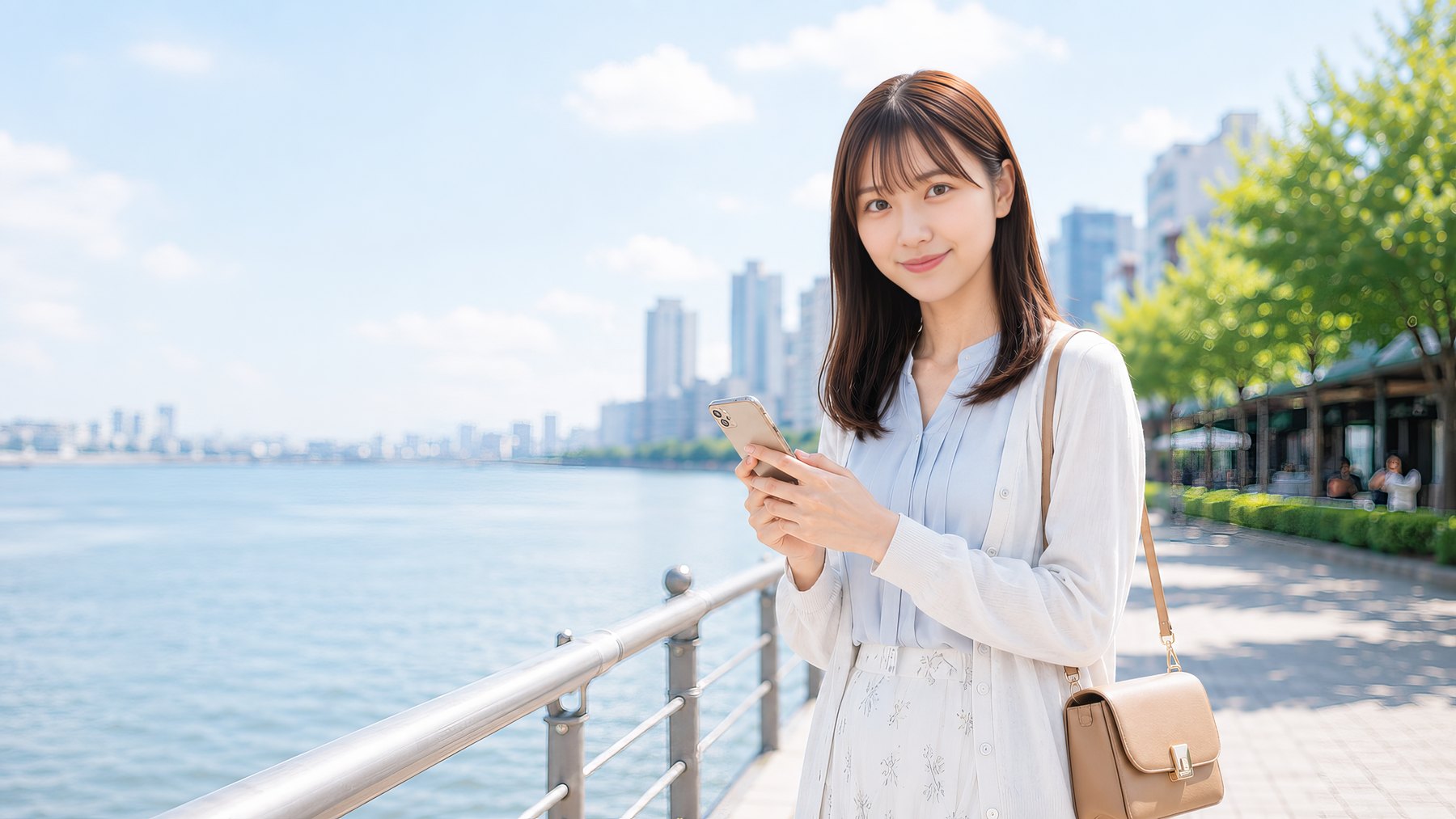 スマホでお店を保存する女性
